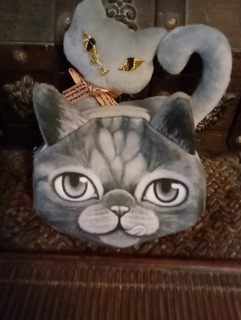 Gray Plush Cat Key Chain And Change Purse Soft